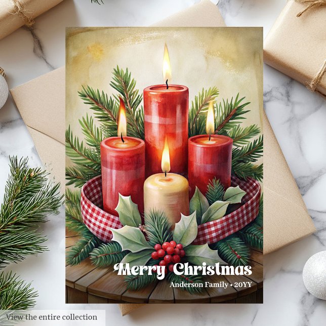 Cartes Pour Fêtes Annuelles Rustic Christmas candles card red green holiday (Rustic Christmas bells card red green holiday charm

)