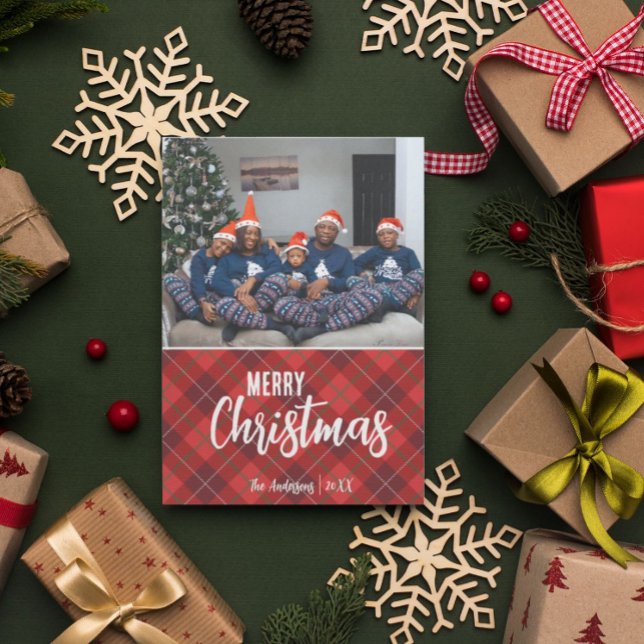 Cartes Pour Fêtes Annuelles Rustic Country Plaid Joyeux Noël Photo de famille (Créateur téléchargé)