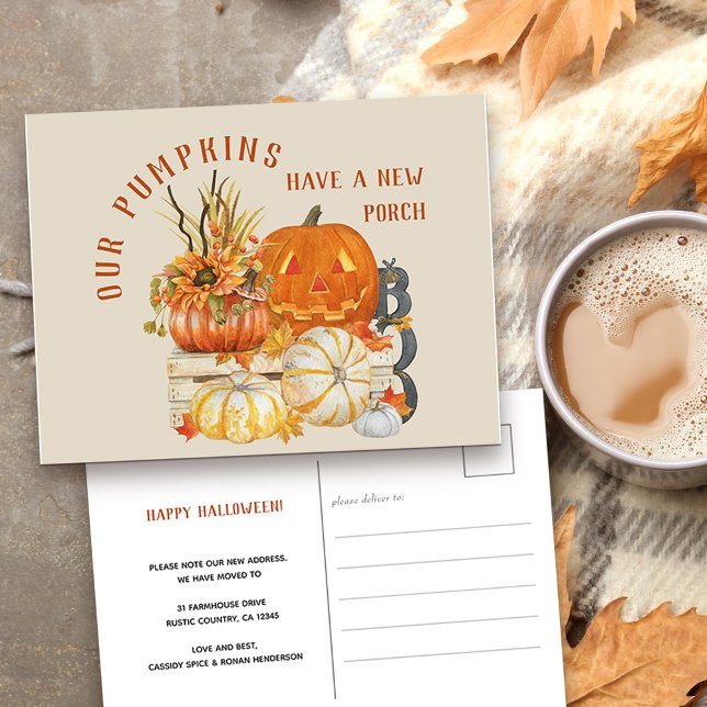 Cartes Pour Fêtes Annuelles Rustic Farmhouse Citrouilles Nouvelle Porche Nouve (New address and Happy Halloween Postcard with rustic fall pumpkins)