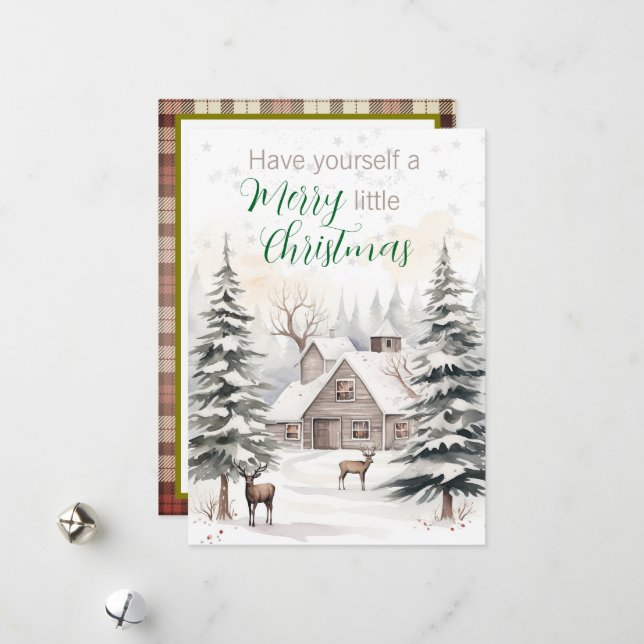Cartes Pour Fêtes Annuelles Rustic Farmhouse With Deer- Merry Little Christmas (Devant/Arrière en situation)