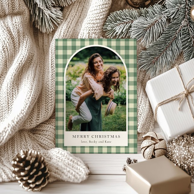 Cartes Pour Fêtes Annuelles Rustic Green En vichy Arch Photo moderne Noël (Créateur téléchargé)