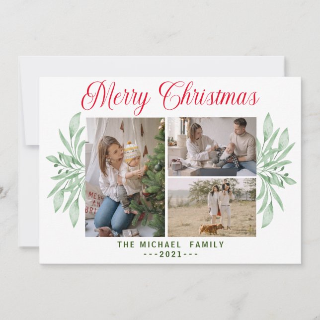 Cartes Pour Fêtes Annuelles Rustic Green Feuilles 3 Photo Joyeux Noël Ho (Devant)