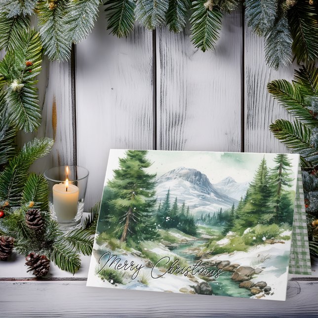 Cartes Pour Fêtes Annuelles Rustic Highlands Mountain Scene Merry Christmas (Rustic Highlands Mountain Winter Snowy Scene "Merry Christmas" Folded Holiday Card)