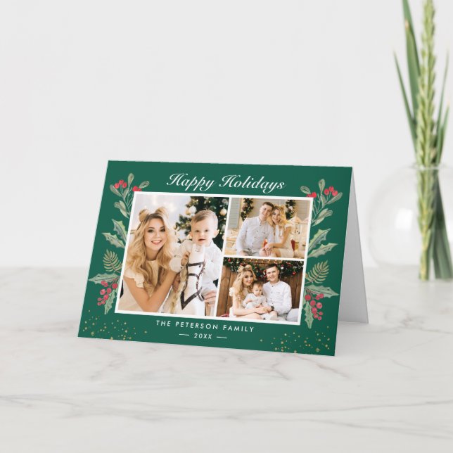 Cartes Pour Fêtes Annuelles Rustic Holly Berries Foliage Joyeuses vacances Pho (Devant)