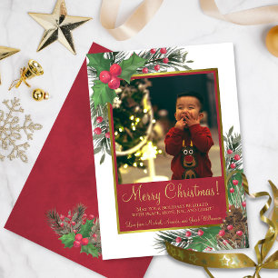 Cartes Pour Fêtes Annuelles Rustic Holly & Pine avec photo Joyeux Noël