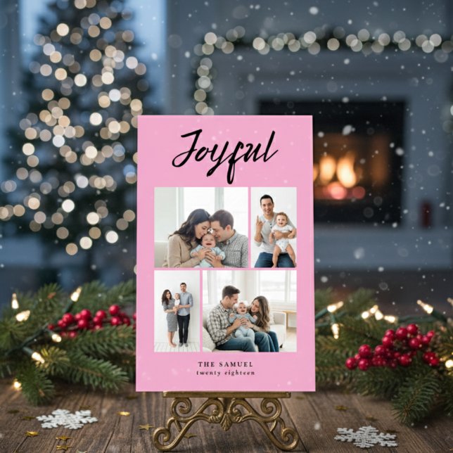 Cartes Pour Fêtes Annuelles Rustic Merry Four Family Photo Collage Pink (Créateur téléchargé)