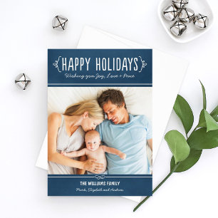 Cartes Pour Fêtes Annuelles Rustic Navy Bleu Joyeux Vacances manuscrites Photo