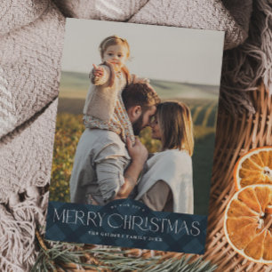 Cartes Pour Fêtes Annuelles Rustic Navy Blue Plaid 2 Photo Joyeux Noël