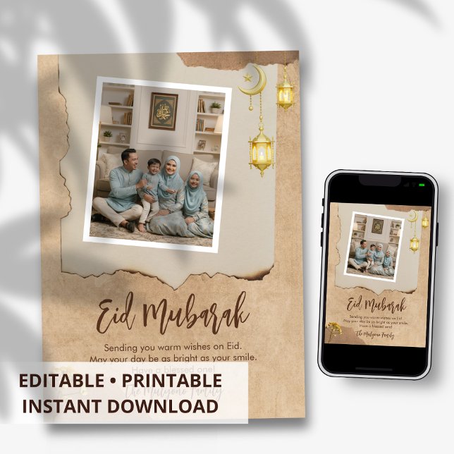 Cartes Pour Fêtes Annuelles Rustic Photo Eid Mubarak Card with Family Photo (Créateur téléchargé)