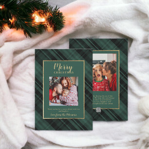 Cartes Pour Fêtes Annuelles Rustic Plaid Green Gold Joyeux Noël 2 Photos