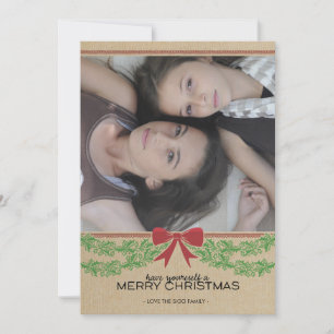 Cartes Pour Fêtes Annuelles Rustic Red Bow & Garland Holiday Photo Card