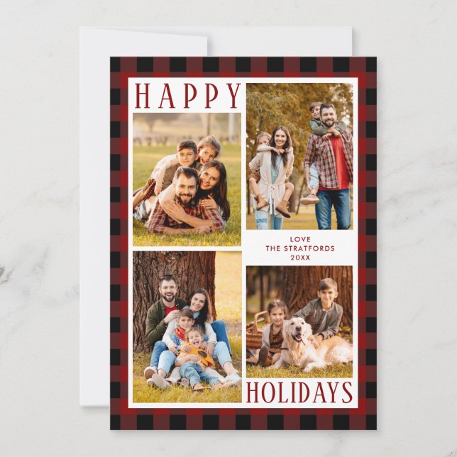 Cartes Pour Fêtes Annuelles Rustic Red Buffalo Plaid 4 Photo Collage (Devant)