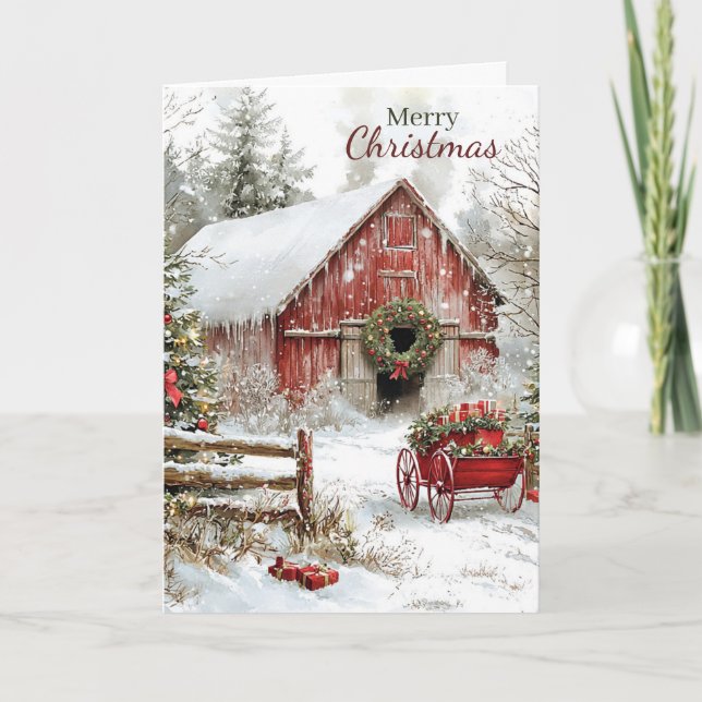 Cartes Pour Fêtes Annuelles Rustic Red Christmas Barn and Wagon Holiday (Devant)