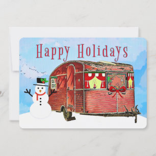 Cartes Pour Fêtes Annuelles Rustic Retro Caravan Travel Trailer avec Snowman