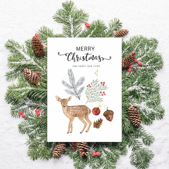 Cartes Pour Fêtes Annuelles Rustic Watercolor Deer & Botanicals Christmas (Créateur téléchargé)