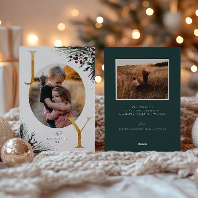 Cartes Pour Fêtes Annuelles Rustic Winter Boughs Golden Joy Photo (Créateur téléchargé)