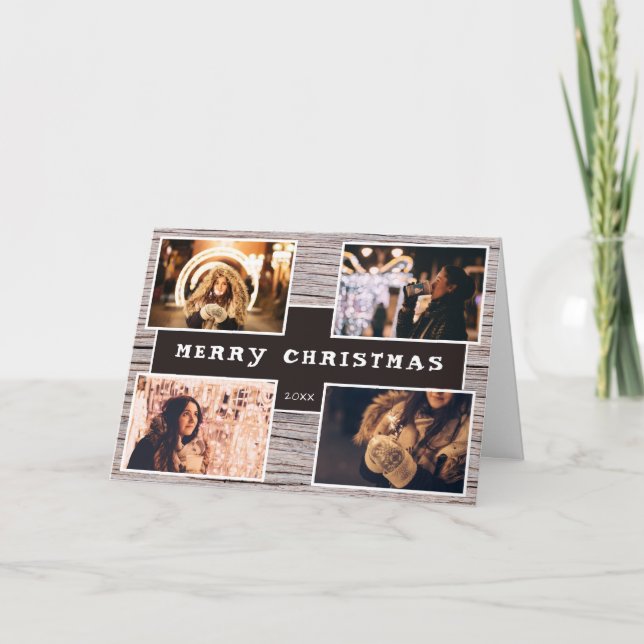 Cartes Pour Fêtes Annuelles Rustic Wood 4 Photo Collage Noël (Devant)