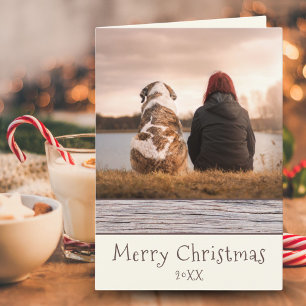 Cartes Pour Fêtes Annuelles Rustic Wood Dog and Owner Photo Joyeux Noël