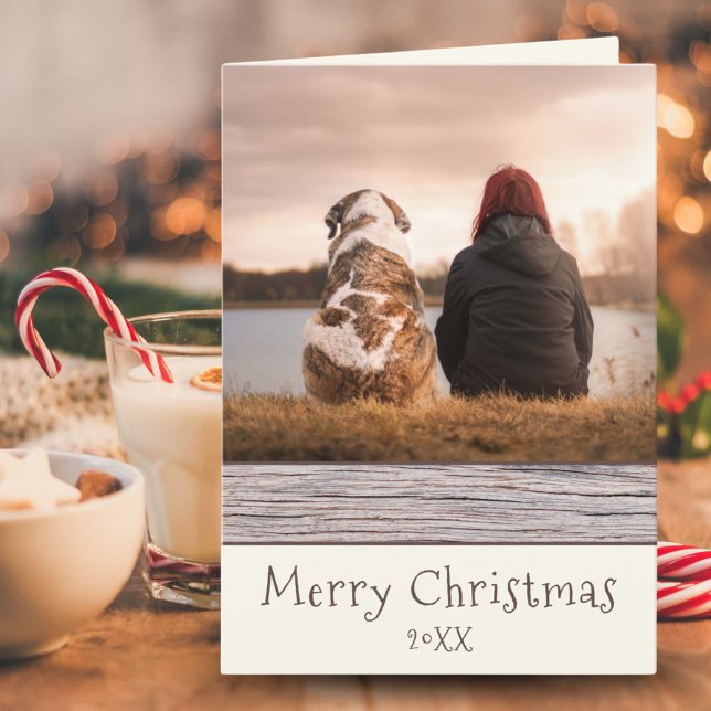 Cartes Pour Fêtes Annuelles Rustic Wood Dog and Owner Photo Joyeux Noël (Créateur téléchargé)