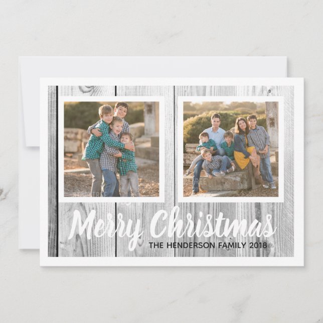 Cartes Pour Fêtes Annuelles Rustic Wood Family Deux photos Collage de Noël (Devant)