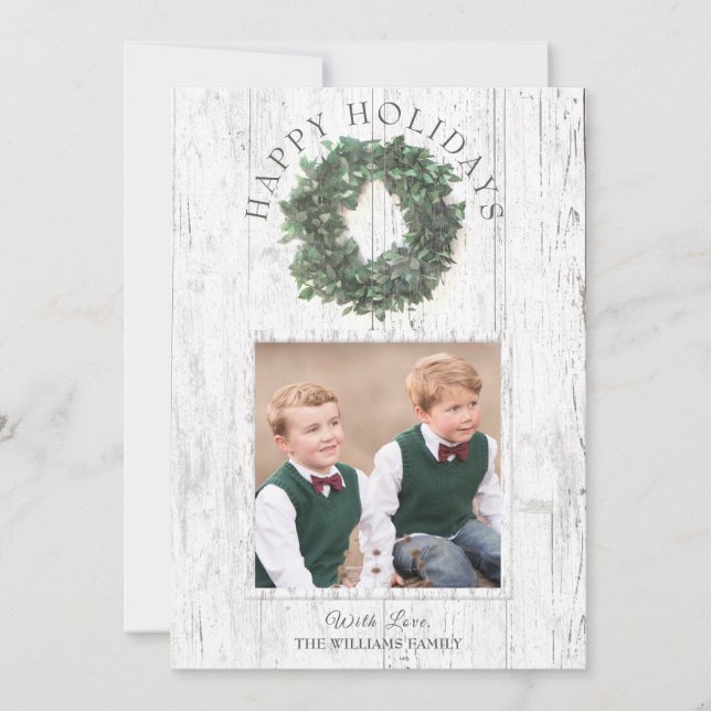 Cartes Pour Fêtes Annuelles Rustic Wood Green Wreath Family Photo Happy (Devant)