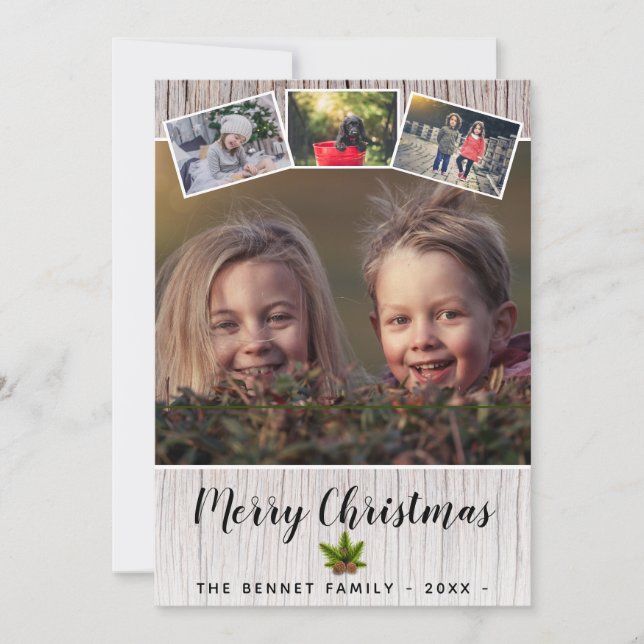 Cartes Pour Fêtes Annuelles Rustic Wood Joyeux Noël Famille 4 Photo Collage (Devant)