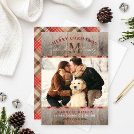 Cartes Pour Fêtes Annuelles Rustic Wood Red Tartan Plaid Christmas Monogram