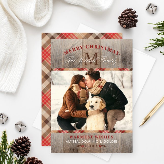 Cartes Pour Fêtes Annuelles Rustic Wood Red Tartan Plaid Christmas Monogram (Créateur téléchargé)