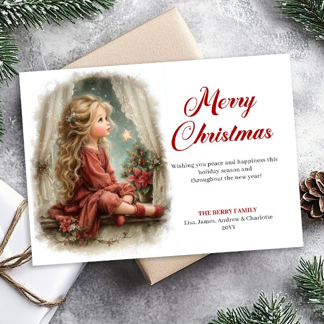 Cartes Pour Fêtes Annuelles Rusticmode Little Girl Awaits Santa Digital   (Bring the magic of Christmas Eve to your holiday greetings with this vintage watercolor card featuri)