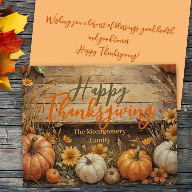 Cartes Pour Fêtes Annuelles Rustique Automne Élégante Fleurs Citrouilles Thank (Créateur téléchargé)