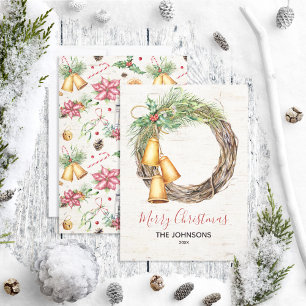 Cartes Pour Fêtes Annuelles Rustique Bell Wreath Birch Aquarelle Floral Holida