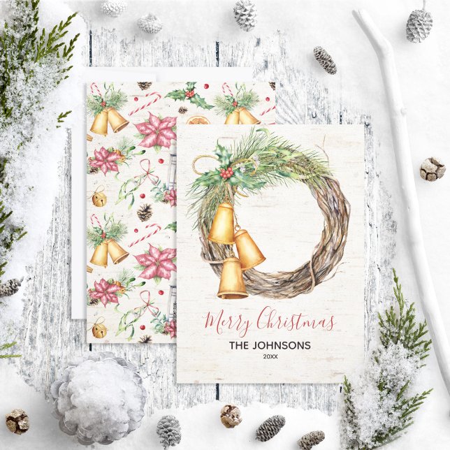 Cartes Pour Fêtes Annuelles Rustique Bell Wreath Birch Aquarelle Floral Holida (Créateur téléchargé)