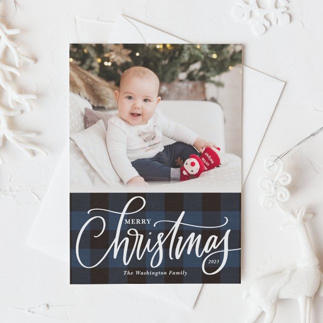 Cartes Pour Fêtes Annuelles Rustique Bleu Plaid Joyeux Noël Photo (Créateur téléchargé)