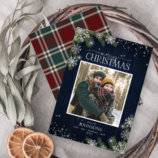 Cartes Pour Fêtes Annuelles Rustique Bleu Tartan Bois Joyeux Photo de Noël (Créateur téléchargé)