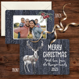 Cartes Pour Fêtes Annuelles Rustique Blue Snowy Reindeer photo de famille de N