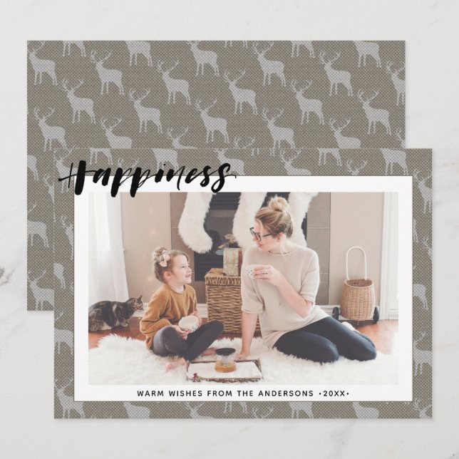 Cartes Pour Fêtes Annuelles Rustique Brown Grey Burlap Simple Script HAPPINCE (Devant / Derrière)