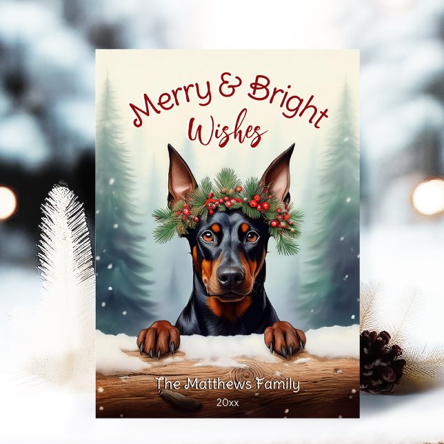 Cartes Pour Fêtes Annuelles Rustique Doberman Pinscher Christmas Portrait anim (Adorable Winter Snowy Scene With Peeking Dogs or Farm/Woodland Animals - Over 50 to Choose From!)