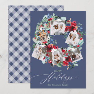 Cartes Pour Fêtes Annuelles Rustique floral bleu 6 photos Noël couronne heureu
