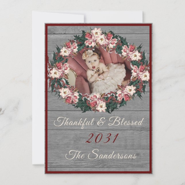 Cartes Pour Fêtes Annuelles Rustique Floral Gris Bois Bourgogne Merci béni (Devant)