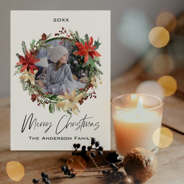 Cartes Pour Fêtes Annuelles Rustique Floral Wreath Photo Joyeux Noël (Créateur téléchargé)
