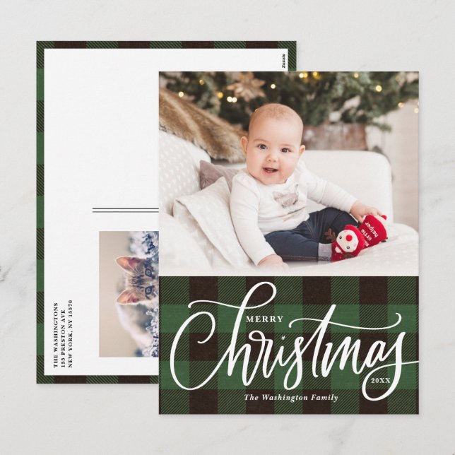 Cartes Pour Fêtes Annuelles Rustique Green Plaid Joyeux Noël Photo (Devant / Derrière)