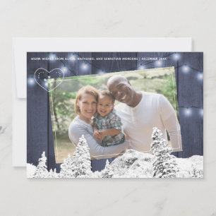 Cartes Pour Fêtes Annuelles Rustique hiver bleu grange bois scintillant lumièr