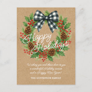 Cartes Pour Fêtes Annuelles Rustique Holly Wreath Blanc Noir À damiers Bow