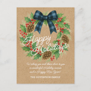 Cartes Pour Fêtes Annuelles Rustique Holly Wreath Bleu Noir À damiers Bow