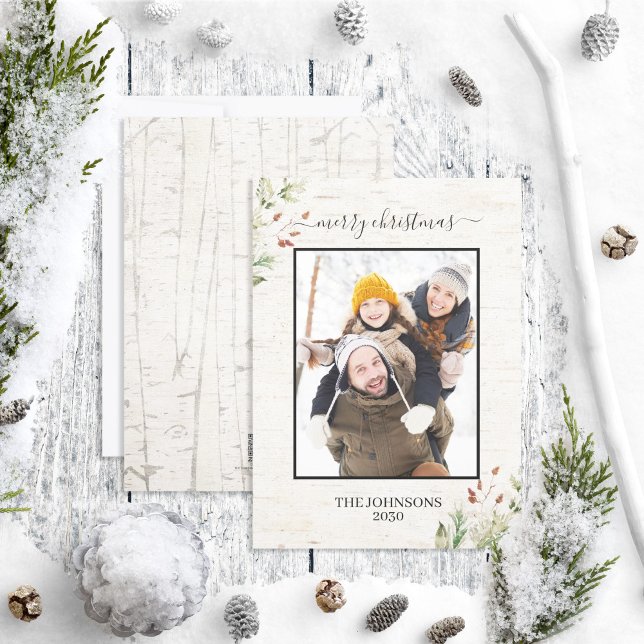 Cartes Pour Fêtes Annuelles Rustique Joyeux Noël Neutre Birch Naturel Photo (Créateur téléchargé)