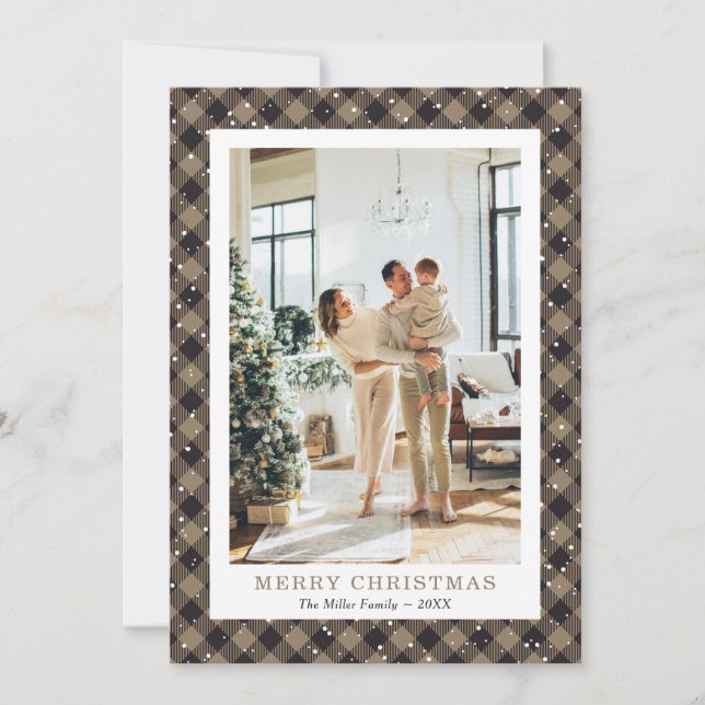Cartes Pour Fêtes Annuelles Rustique Kaki Plaid Neige Photo Joyeux Noël (Devant)