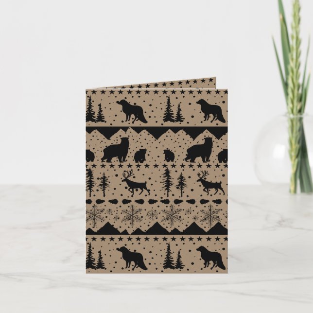 Cartes Pour Fêtes Annuelles Rustique Kraft Nordic Sweater Black Winter Animaux (Devant)