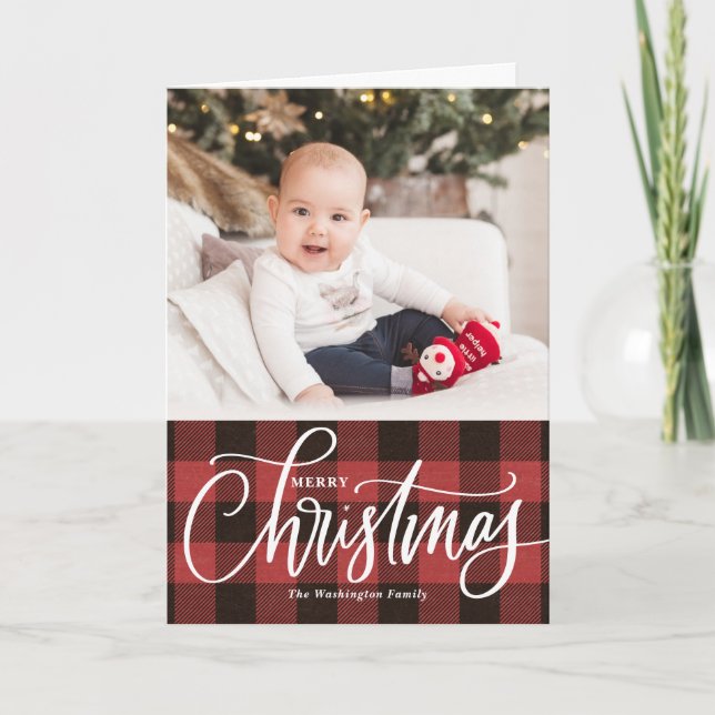Cartes Pour Fêtes Annuelles Rustique Kraft Rouge Plaid Joyeux Noël Photo (Devant)