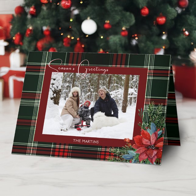 Cartes Pour Fêtes Annuelles Rustique Noël Plaid avec Poinsettia & Pine Photo (Créateur téléchargé)