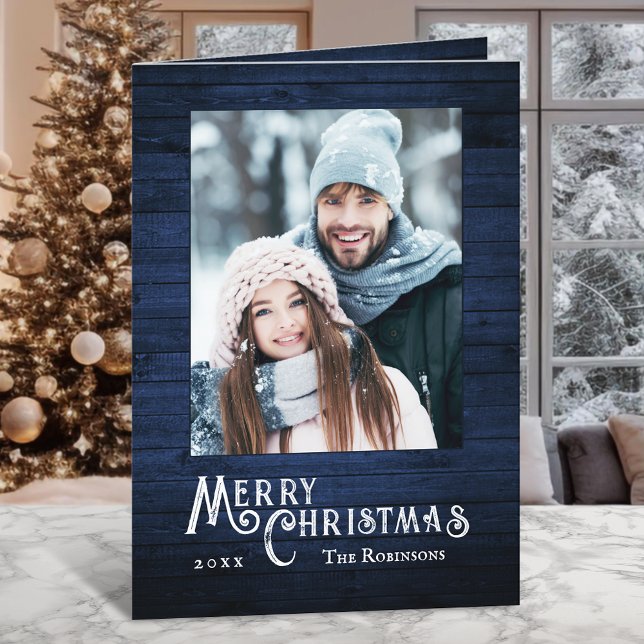 Cartes Pour Fêtes Annuelles Rustique Pays Style Photo Bleu Bois Planche Imprim (Available in high quality print or digital download for quick text messaging, email or self print.)